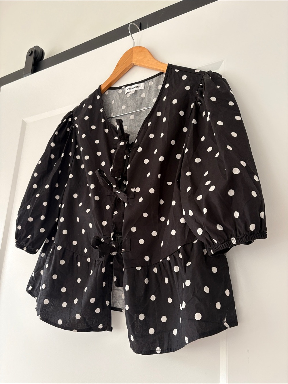 Vigoss Black and White Polka Dot Tie-Front Peplum Blouse